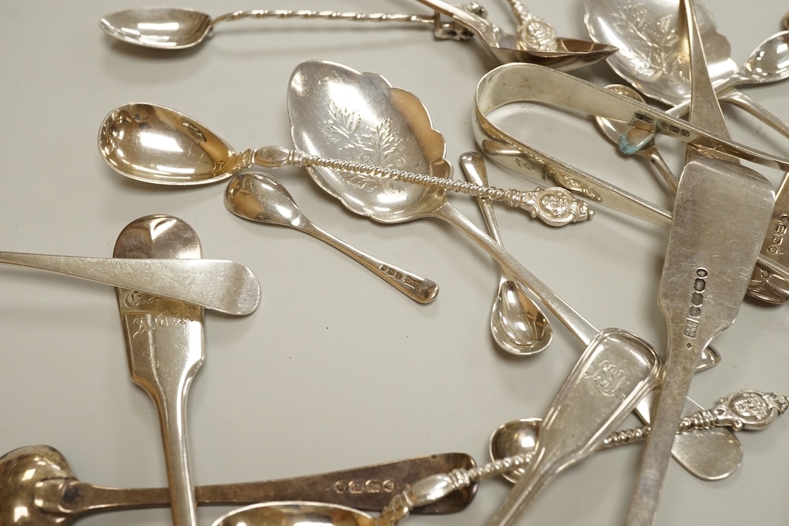 A small collection of assorted mainly 19th century silver flatware, including teaspoons, dessert forks, condiment spoons, serving spoon, etc. various dates and makers, 21.6oz.